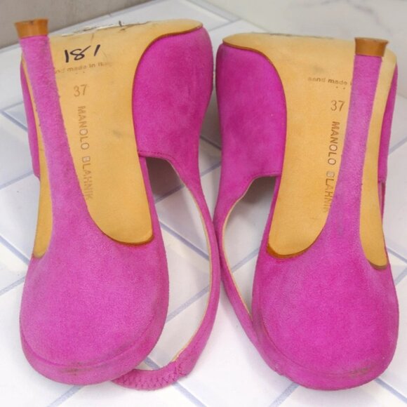 Manolo Blahnik Allura Pink Suede Slingback Pumps Pointed Toe Heels - Picture 12 of 14